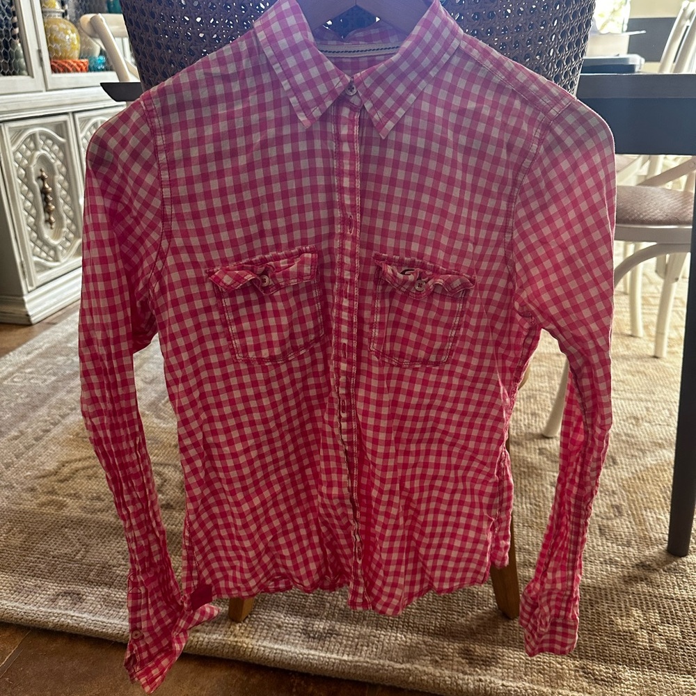 Hollister pink gingham button up retro shirt women’s girls medium juniors